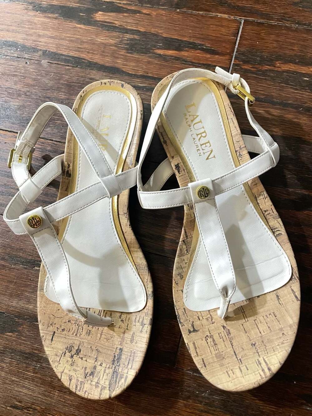 Lauren Ralph Lauren Kya White T-Strap Wedge Sandals